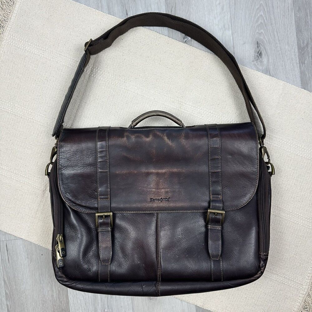 Samsonite Leather Briefcase Laptop Messenger Bag Dark Brown Shoulder Strap